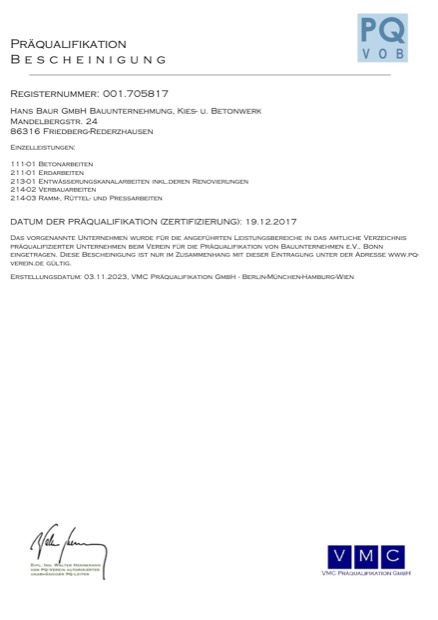 Titelseite: Präqualifikations-Bescheinigung