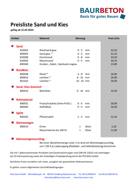 Titelseite: Preisliste Sand und Kies